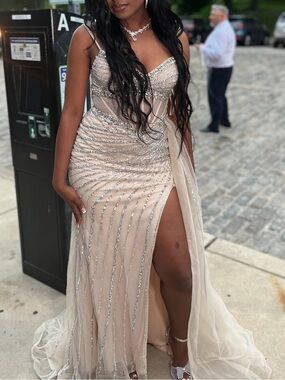 Embellished Nude Prom Gown with High Slit